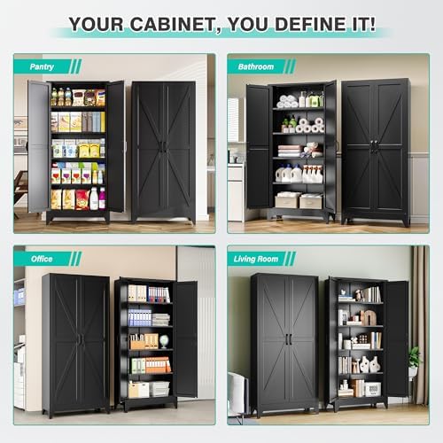 SISESOL 75" Tall Pantry Cabinet,Farmhouse Kitchen Pantry Storage Cabinets with 2 Doors and 4 Shelves,Black Metal Storage Cabinet,Large Cupboard for Home,Kitchen,Dining/Living Room - Image 4