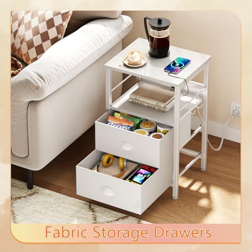 Furologee Night Stand with Charging Station, 2 Fabric Drawers, White - Image 6