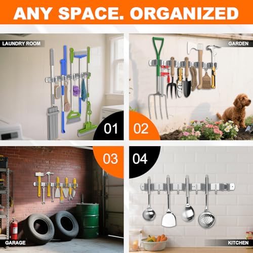 Broom Holder Wall Mount Mop Organizer, 5 Racks 4 Hooks - Image 7