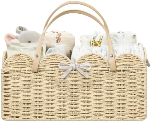 HBlife Baby Diaper Caddy, Paper Rope Storage Baskets Nursery Bin with Removable Divider, Portable Car Organizer for Diapers, Baby Shower Gifts, Newborn Essentials Must Haves by HBlife