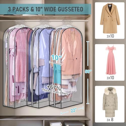 MISSLO 10" Gusseted All Clear Garment Bags for Hanging Clothes 50" Dress Bags for Closet Storage Coat Protectors for Suits, Gowns, 3 Packs - Image 2