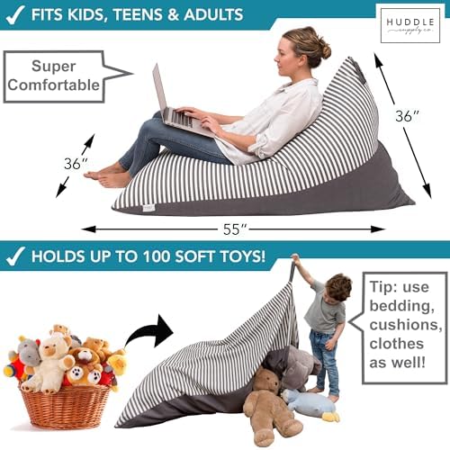 Huddle Designer Stuffed Animal Bean Bag Storage Chair Cover XL Grey Stripes - Image 2