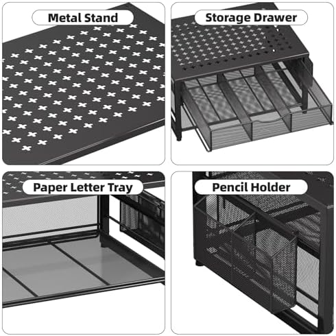 Marbrasse Metal Printer Stand for Desk with Storage Drawer and 2 Pen Holders, 2-Tier Desktop Organizer Printer Table for Home Office, Multi-Purpose Desk Organizer for Fax Machine Scanner Files(Black) - Image 3
