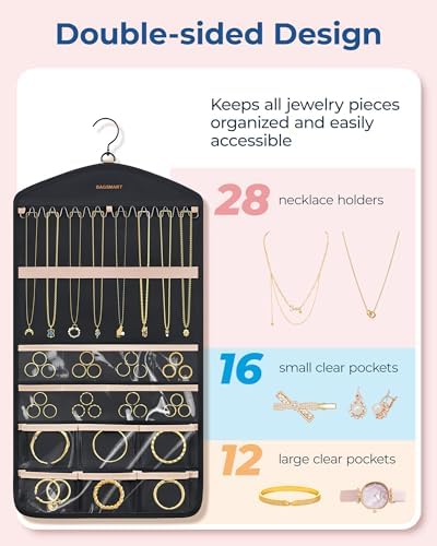 BAGSMART Hanging Jewelry Organizer with Hanger Metal Hooks Double-Sided Jewelry Holder for Organizing Earrings Necklaces Rings Perfect for in Hanging Closet, Wall, Door, 1 Piece, M, Black - Image 2