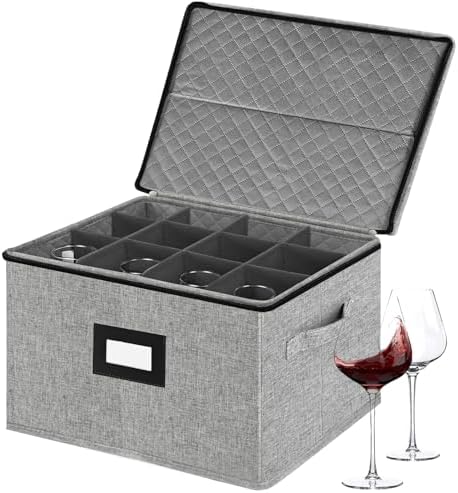 homyfort Wine Glass Storage Box, China Storage Containers with Dividers, Stemware Storage Case Holds 12 Wine Glass or long stem Crystal Glassware with Handles, Hard Shell and Stackable (Grey) by homyfort