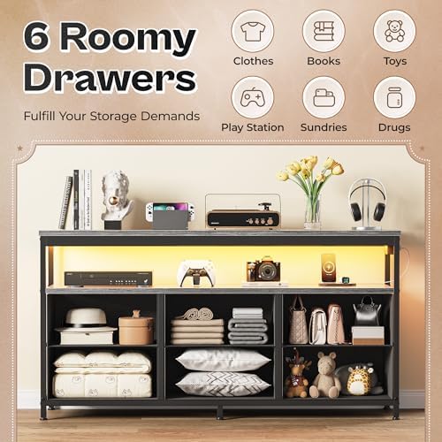 Huuger LED TV Stand for Bedroom, 47 Inch Dresser TV Stand for 43, 50, 55 Inch TV, Grey Black TV Stand with Storage, Entertainment Center with Power Outlets, 6 Drawer Fabric Dresser for Living Room - Image 6