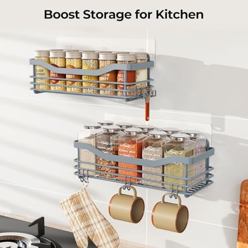 Orimade Shower Caddy Basket Shelf Storage Rack, No Drilling Wall Mounted Adhesive Rust Resistant Stainless Steel Shower Organizer with 5 Hooks for Bathroom, Light Blue Grey 2 Pack - Image 6