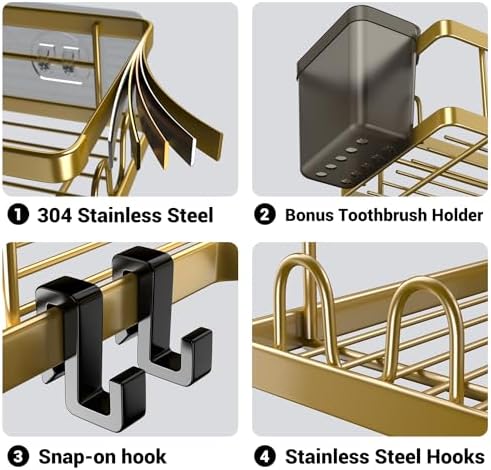 AKTECKE Corner Shower Caddy Organizer Shelf: 2Pack Adhesive Shower Rack, No Drilling Stainless Steel Shower Storage Shelves for Bathroom Kitchen (Gold) - Image 4