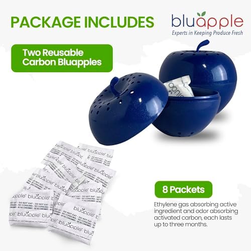 Bluapple Produce Saver Ethylene Gas Absorber 1 Year Combo Pack with Activated Carbon - 2 Bluapples + 8 Packets (13 grams each) Vegetable & Fruit Freshness Extender, Produce Storage, BPA-Free, USA-Made - Image 4