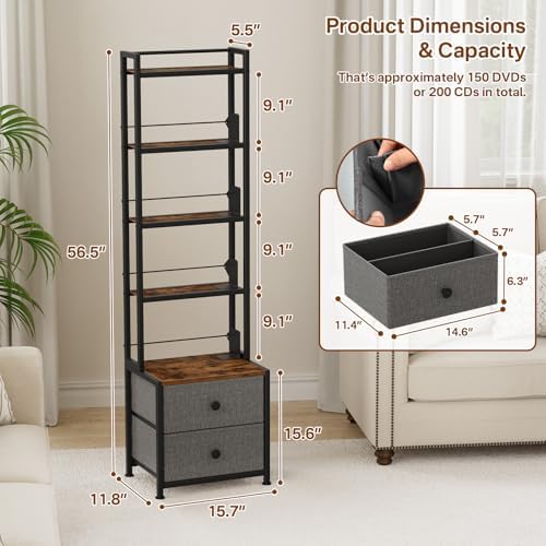 CD Storage Rack with Drawer, 5-Tier Media Storage Shelf - Image 3