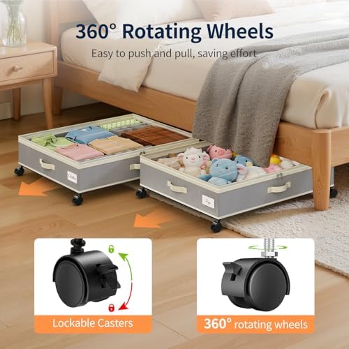 Yecaye 80L Large Under Bed Storage Containers with Wheels, 2 Pack, Grey - Image 3
