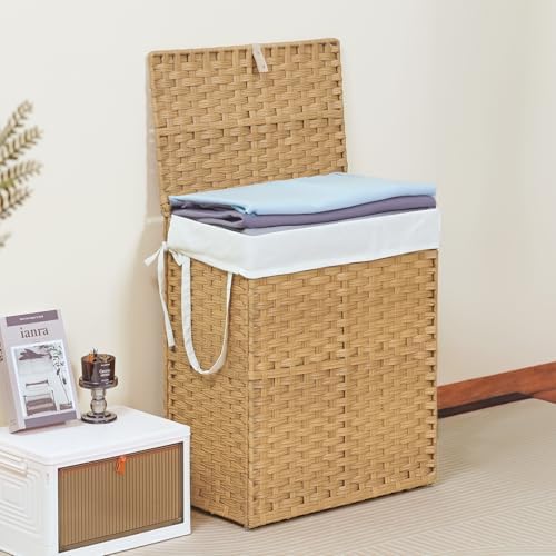 DUMOS Woven Laundry Basket with Lid, 90L Large Capacity Hamper, Removable & Machine-Washable Liner, Foldable Rattan Clothes Hamper, Sturdy Steel Frame, Odor Control, Goose Yellow - Image 6