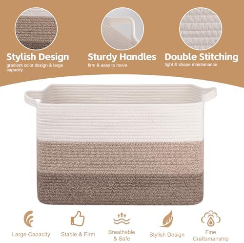 OIAHOMY Extra Large Blanket Basket, 110L Cotton Rope Woven Laundry Basket, Toy Bin for Baby Room, Container for Blanket Storage in Living Room, 24.8''×17.3''×15.8'', Gradient Brown - Image 4