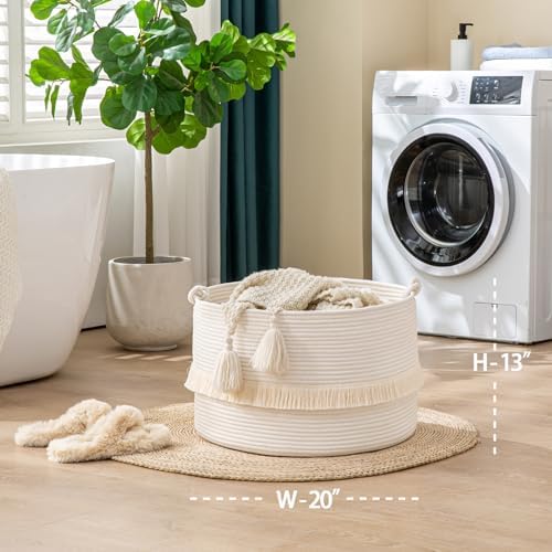 KAKAMAY Large Blanket Basket (20"x13"),Woven Baskets for storage Baby Laundry Hamper, Cotton Rope Blanket Basket for Living Room, Laundry, Nursery, Pillows, Baby Toy chest (White) - Image 5