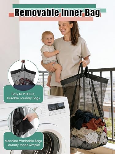 WTREE Laundry Hamper with Lid, Reinforced Sturdy Clothes Hamper with Anti-Puncture Base, Large Collapsible Laundry Basket with Removable Liner Bag, Tall Dirty Clothes Bin for Family, 100L Navy Blue - Image 3