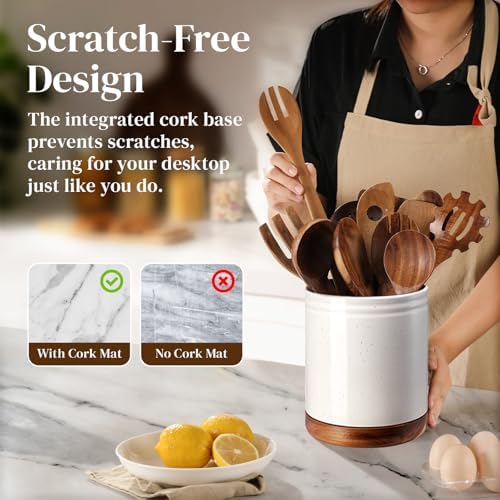 DOWAN 7.6" 360° Rotating Utensil Holder, Kitchen Utensil Holder for Countertop,Large Ceramic Utensil Crock for Kitchen Decor, Protection Cork Bottom, Speck White - Image 4