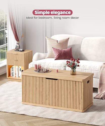 Akxomel 37.4" Fluted Storage Chest Wooden Storage Trunk 2 Safety Hinges Oak - Image 5