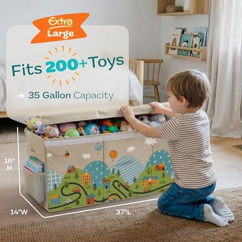 SoftOwl Extra Large Toy Storage Organizer with Lid - Sturdy, Collapsible Toy Chest Storage Box with Cute Design - Toys Bin with Dividers for Kids, Boys, Girls, Nursery, Bedroom, Play room 37"x16"x14" - Image 2