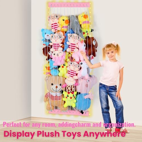 Stuffed Animal Storage Wood Soft Toy Storage for Kids Room，Wall Mount Door Hanging Stuffed Animal Toy Organizer Shelf for Nursery Play Room White with LED Coil -Patent - Image 2