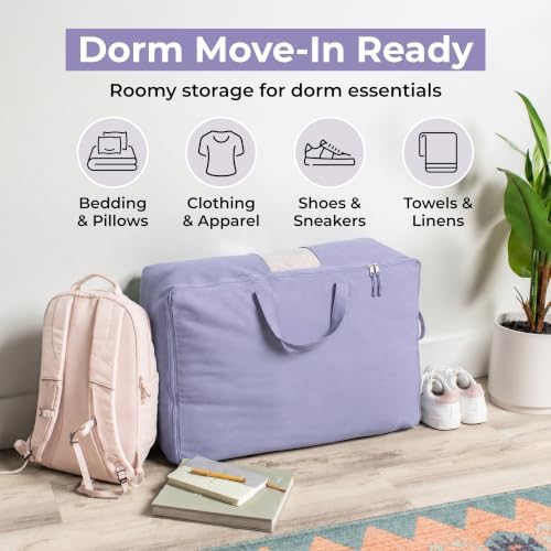 Soft Canvas Storage Bags with Zipper. Thick Breathable, 2pc King/Queen Comforter Organizer. Four Carrying Handles and Window. Large 25x19x9in Bag for Sheets Blankets Bedding Pillows, Clothes (Purple) - Image 6