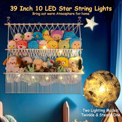 2 Tier Stuffed Animal Storage Shelf Net, 35x30'' Large Plushie Net Beige - Image 4