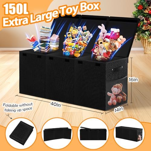 Large Toy Storage Box with Lid, Dividers, Collapsible Kids Toy Chest, Black - Image 2