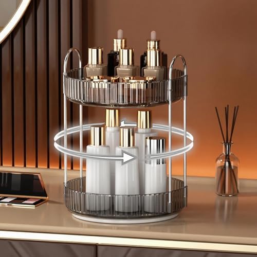 YCIA&DONE 360 Rotating Makeup Organizer and Storage for Vanity Countertop 2 Tiers, High Capacity Cosmetic Skincare Perfume Organizers for Dresser Bathroom Lazy Susan (Smoky Gray) - Image 2