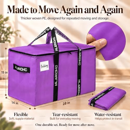 Heavy Duty Moving Bags 97L - Extra Large Storage Bags with Strong Zipper & Comfortable Handles, Packing Boxes for Moving House, College Dorm, 4 Pack, Purple, Virgin PE Material - Image 2