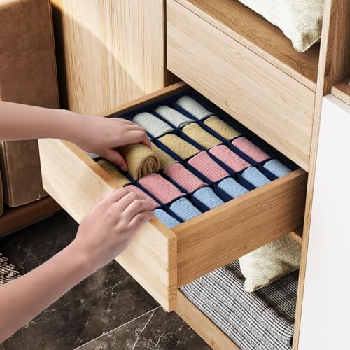 joyoldelf Sock Organizer Drawer Organizer - 2 Packs Underwear Organizer,24 Cells Collapsible Closet Organizers and Storage Sock Holders Organizers for Storing Socks, Ties, Belts(Navy Blue) - Image 5