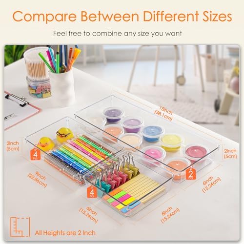 Criusia Drawer Organizer, 10 Pack Large Clear Plastic Set, 3 Size Versatile Bathroom and Vanity Organizer Trays, Storage Bins for Makeup, Bedroom, Kitchen Utensils - Image 3
