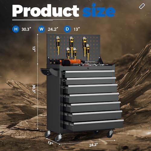 INTERGREAT 7 Drawers Rolling Tool Box with Pegboard,Portable Tool Chest with Wheels, Tool Box Organizer with Locking System for Garage(Black) - Image 3