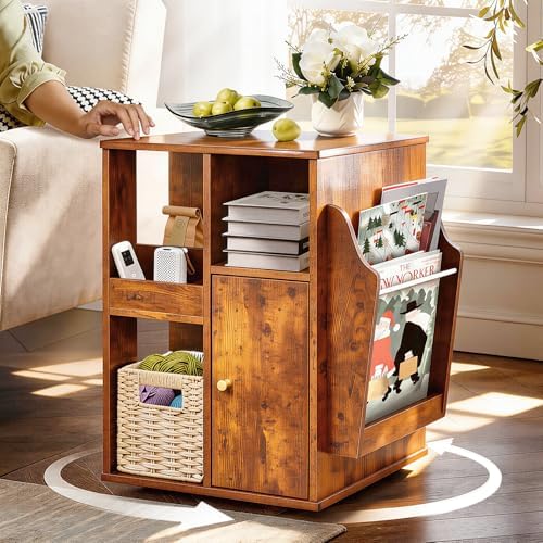 Square Rotating End Table with Storage, 16"D x 16"W x 23.3"H, Rustic Brown by TooCust
