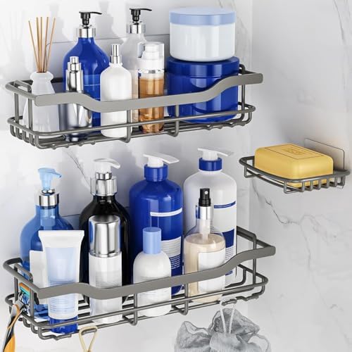 OMAIRA 3-Pack Shower Caddy with Soap Holder, Adhesive Rustproof No-drill Strudy Loading Inside Shower Organizer Shelves Rack Storage Bathroom Organization for Smooth Wall Glass Tile, Grey (XX-Large) by OMAIRA