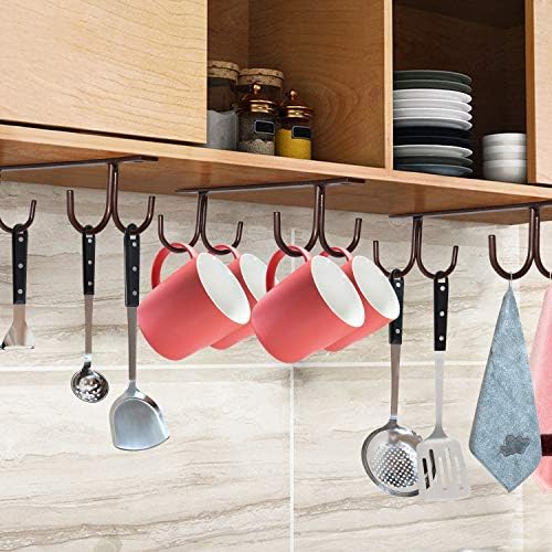 MOCOUM Under Cabinet Mug Rack, Rustic Mug Organizer Rack Cup Holder Under Shelf 12 Hanging Hooks Rack for Mugs, Coffee Cups and Kitchen Utensils Display (Brown-3 Pack-12 Hooks) - Image 6