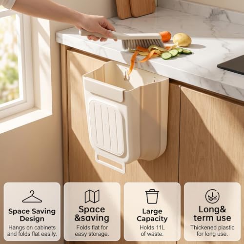 Foldable Hanging Kitchen Trash Can, Wall Mounted Trash Can, Cabinet Door Garbage Bin, Space Saving Plastic Waste Bin for Kitchen, Bathroom & Bedroom (Gray, 11L) - Image 2