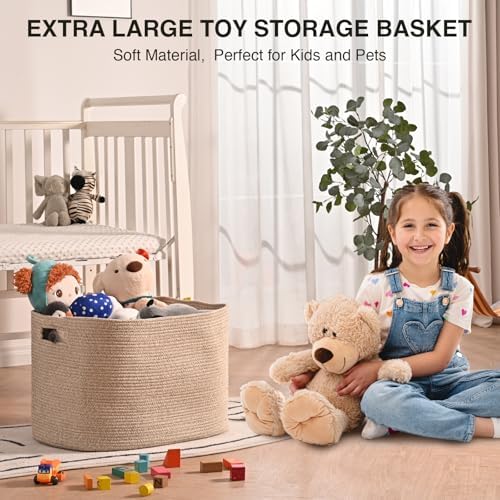 ICERZCZ Large Storage Basket for Organizing, Blanket Basket for Living Room, Large Toy Baskets for Storage, Woven Cotton Rope Baskets for Blankets, Clothes, Shoes, Brown, 25”x16”x16” (105L) - Image 5
