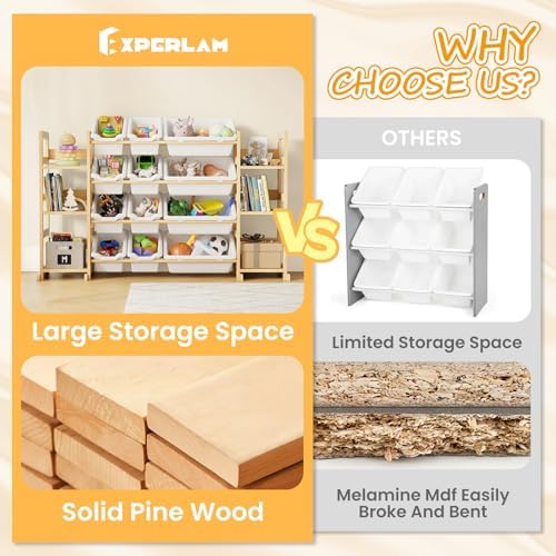 EXPERLAM Extra Large Toy Storage - Toy Storage Organizer, Wooden Toy Organizer with 6 Side Shelves and 12 Bins, 3-in-1 Bookshelf for Kids Rooms, Playroom, Nursery, White - Image 6
