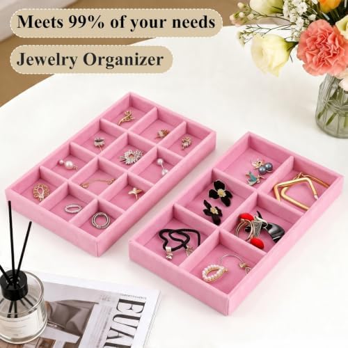 24 Pack Velvet Jewelry Trays Stackable Jewelry Organizer Trays Drawer Inserts Divided Storage Containers for Rings Earrings Jewelry Display (Pink) - Image 3