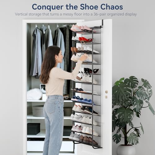 Whitmor 36 Pair Over The Door Shoe Organizer, 12 Tier Hanging Shoe Organizer, Heavy Duty Metal & Mesh Shoe Holder, Hanging Shoe Rack for Closet Organizer, 74" L x 21.7" W x 7.5" H, Matt Gunmetal - Image 3