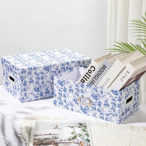 Briful Set of 2 Blue and White Porcelain-Style Storage Boxes with Lids – Elegant Floral Nesting Organizer Bins, 14'' + 13'' Set Decorative Cardboard Gift Boxes for Home or Office Use - Image 3