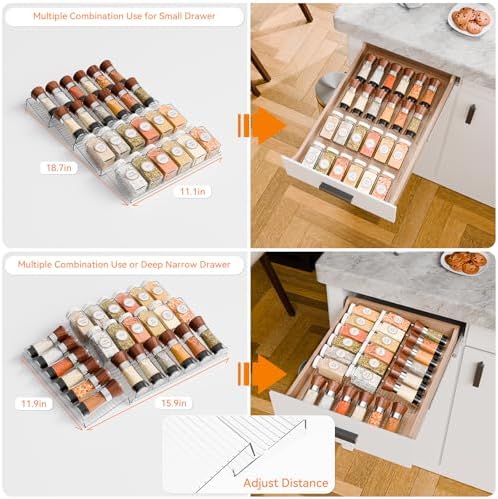 Yieach 8 Pack Adjustable In Drawer Spice Organizer - Expandable From 11'' to 22'' - Acrylic Drawer Seasoning Organizer,Clear Spice Organization Tray for Cabinet Drawers Condiment,Nail Polish and Jar - Image 5