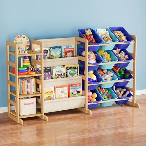 SpaceAid 3-in-1 Toy Storage Organizer with 4 Shelves and 12 Bins, Toy Organizers Storage 3-Tier Bookshelf, Kids Bin Shelf Box Bookcase for Bedroom Playroom Organization Room Decor, Blue and Navy Blue by SpaceAid