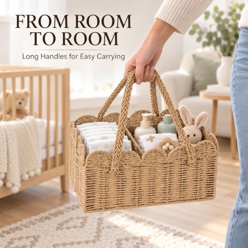 Large Baby Diaper Caddy, Brown Paper Rope Storage Basket with Handles, Portable Nursery Organizer with Removable Divider for Diapers, Wipes, Baby Essentials (Light Brown) - Image 5