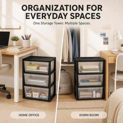 Plastic Storage Drawers, 3 Drawer Tower with Clear Removable Bins, Black - Image 6