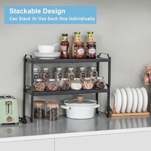 X-cosrack 25.5 Inches 3 Pack Expandable Cabinet Shelves, Stackable Shelf Organizer for Kitchen Cabinet Countertop Storage, Adjustable Counter Cupboard Pantry Organizer Shelf Rack Stand Riser, Black - Image 3
