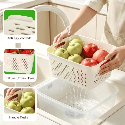 KUK 4 Pack Fruit Storage Containers for Fridge, Leakproof Food Containers with Removable Colander, Fruit Containers for Fridge BPA Free Produce Containers Keep Vegetables Berry Meat Fresh Longer - Image 4