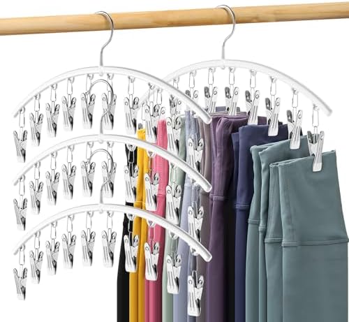 Legging Organizer for Closet, Metal Yoga Pants Hanger w/Rubber Coated 4 Pack w/10 Clips Hold 40 Leggings, Hangers Space Saving Hanging Closet Organizer for Closet Organizers and Storage-White by Volnamal