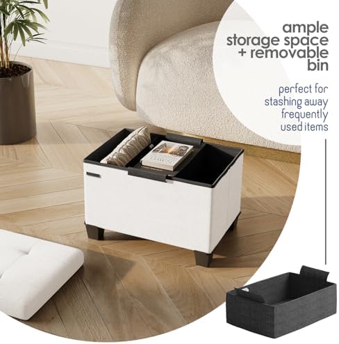 Storage Ottoman Cube with Small Bin, 16-in Square Ottoman with Storage for Living Room and Bedroom, Small Ottomans Foot Rest, Fabric Foot Stools Ottomans Max 330lbs, Cream - Image 3