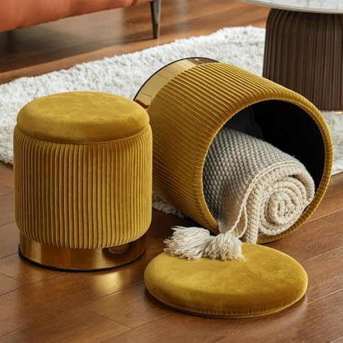 YYW HOME Round Ottoman with Storage, Yellow Velvet, Set of 2 - Image 4