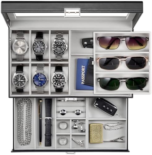 ProCase Mens Jewelry Box, 6 Slot Watch Box & 3 Slot Sunglass Holder -Black by ProCase